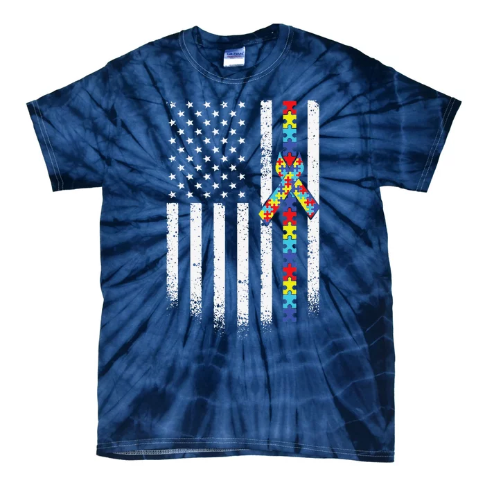 Autism American Flag Puzzle Autism Awareness Gift Tie-Dye T-Shirt