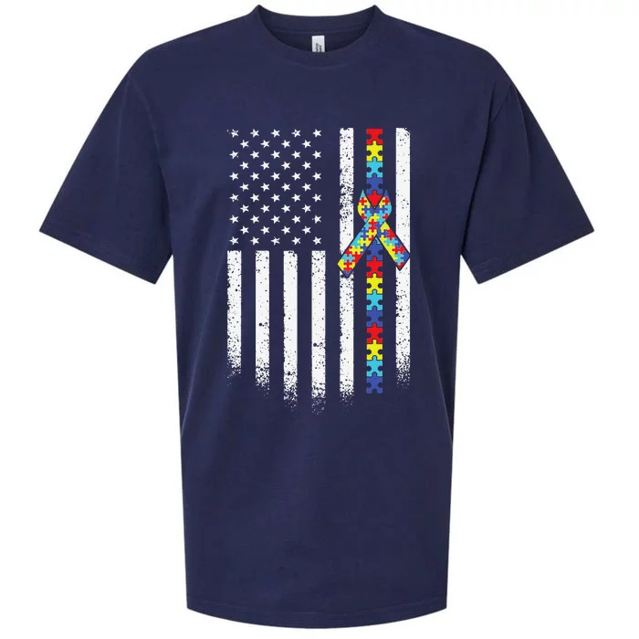 Autism American Flag Puzzle Autism Awareness Gift Sueded Cloud Jersey T-Shirt