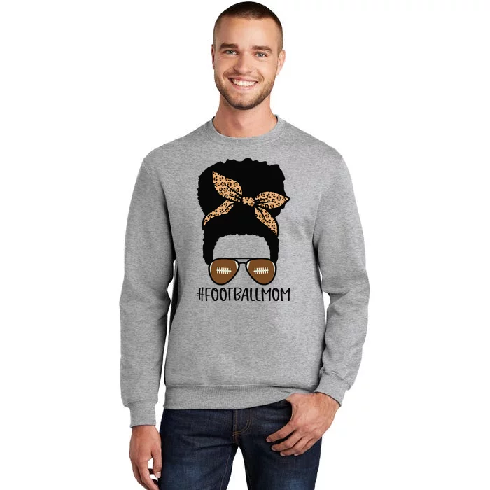 African American Football Mom with Leopard and Messy Bun Tall Sweatshirt