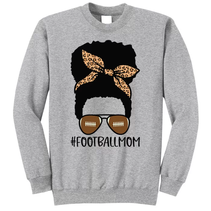 African American Football Mom with Leopard and Messy Bun Tall Sweatshirt