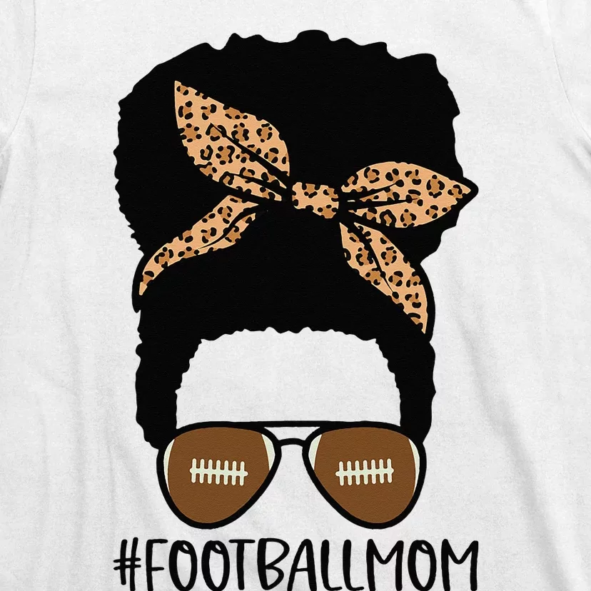 African American Football Mom with Leopard and Messy Bun T-Shirt