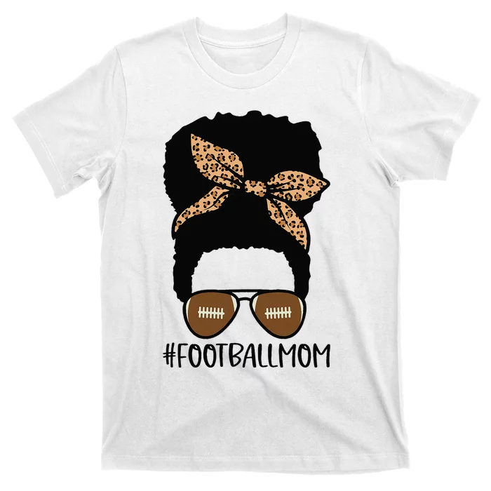 African American Football Mom with Leopard and Messy Bun T-Shirt