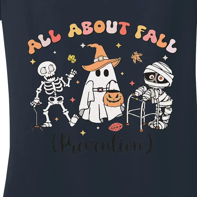 All About Fall Prevention Ghost Occupational Therapy Autumn Women's V-Neck T-Shirt