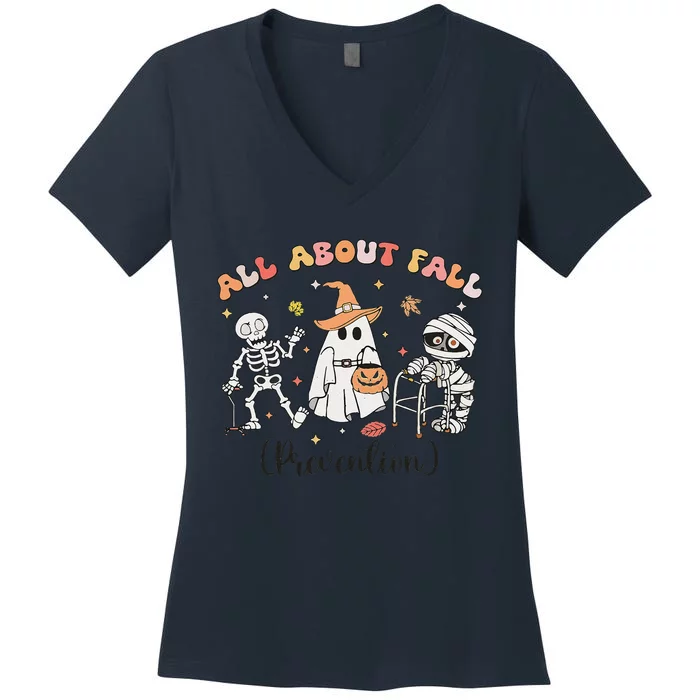 All About Fall Prevention Ghost Occupational Therapy Autumn Women's V-Neck T-Shirt