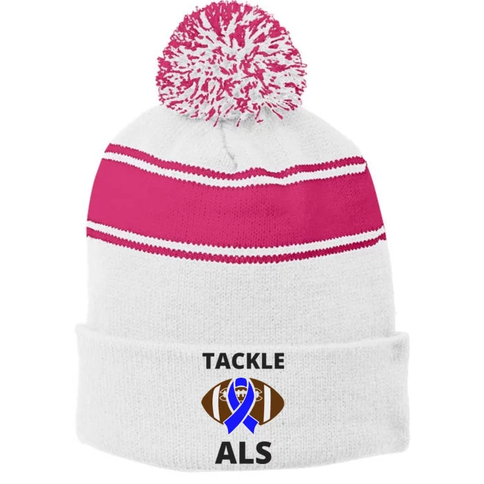 ALS Awareness Football Tackle Stripe Pom Pom Beanie