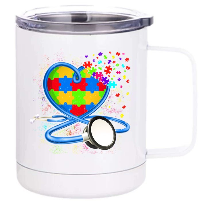 Autism Awareness Funny Stethoscope Heart Nurse Nursing Gift Front & Back 12oz Stainless Steel Tumbler Cup