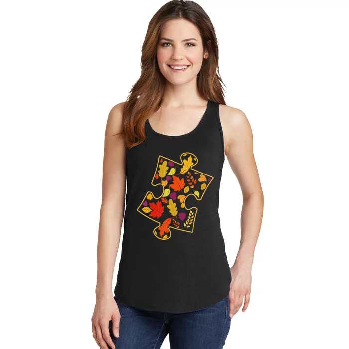 Autism Awareness Fall Leaf Autumn Thanksgiving Puzzle Piece Ladies Essential Tank