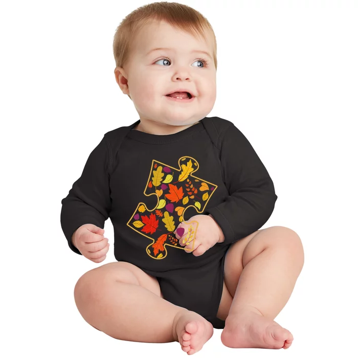 Autism Awareness Fall Leaf Autumn Thanksgiving Puzzle Piece Baby Long Sleeve Bodysuit