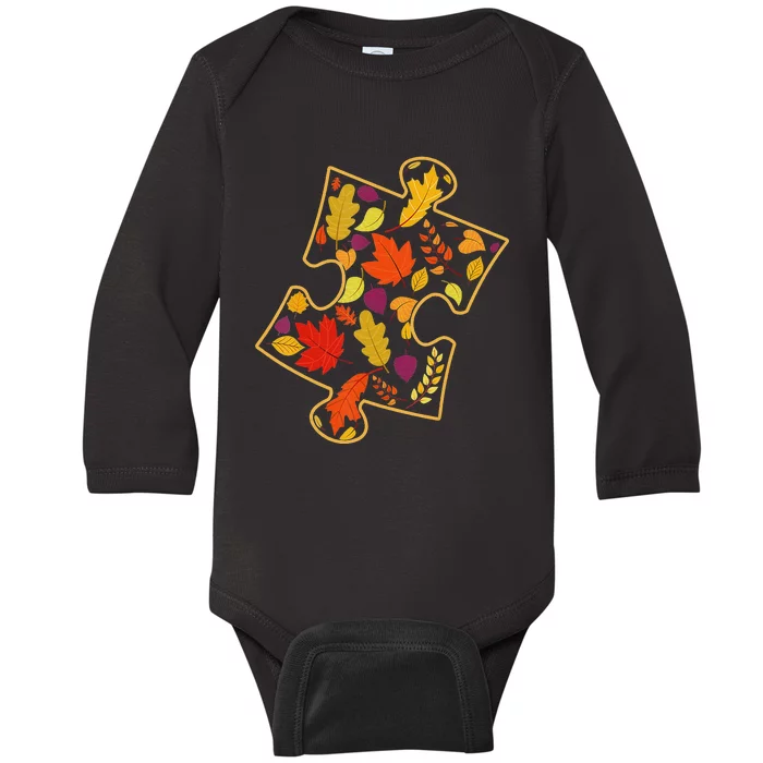 Autism Awareness Fall Leaf Autumn Thanksgiving Puzzle Piece Baby Long Sleeve Bodysuit