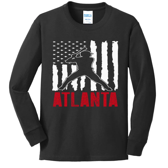 Atlanta American Flag Baseball Kids Long Sleeve Shirt