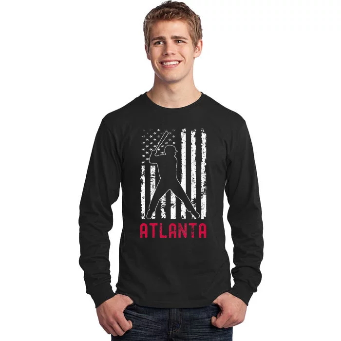 Atlanta American Flag Baseball Weathered Tall Long Sleeve T-Shirt