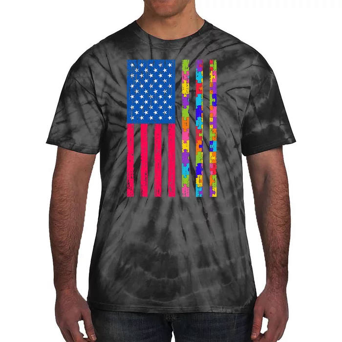 Autism American Flag Distressed For Autism Awareness Tie-Dye T-Shirt