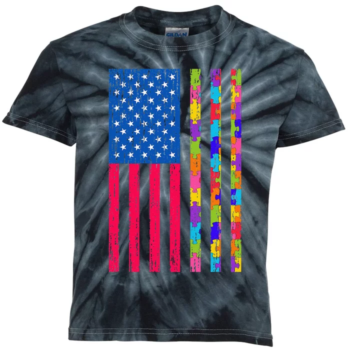 Autism American Flag Distressed For Autism Awareness Kids Tie-Dye T-Shirt