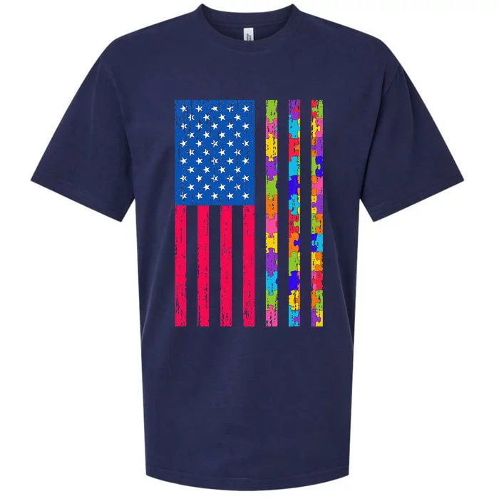 Autism American Flag Distressed For Autism Awareness Sueded Cloud Jersey T-Shirt