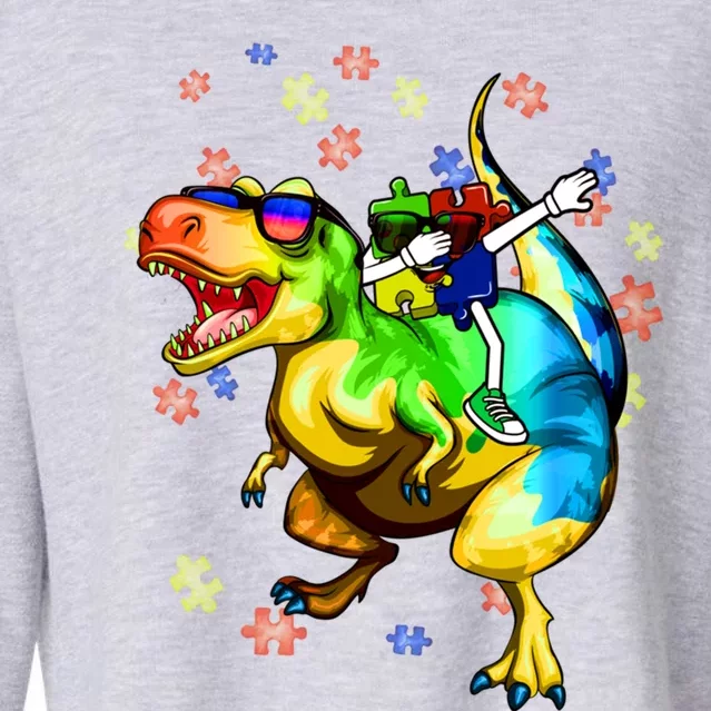 Autism Awareness Graphic Dinosaur Plus Dabbing Puzzle Gift Cropped Pullover Crew