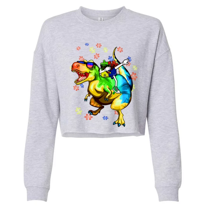 Autism Awareness Graphic Dinosaur Plus Dabbing Puzzle Gift Cropped Pullover Crew