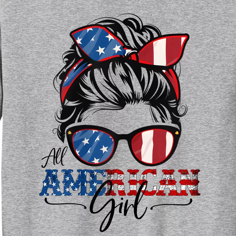 All American Girl 4th Of July Women Messy Bun USA Flag Tall Sweatshirt