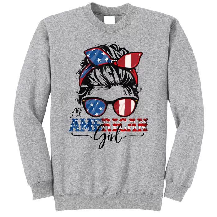 All American Girl 4th Of July Women Messy Bun USA Flag Tall Sweatshirt