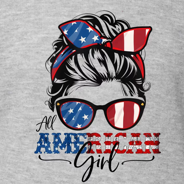 All American Girl 4th Of July Women Messy Bun USA Flag Toddler Sweatshirt