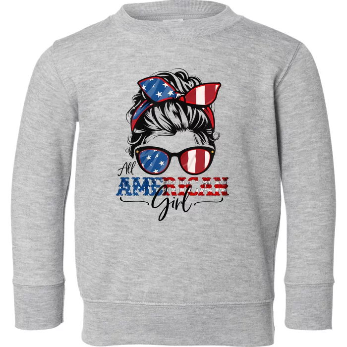 All American Girl 4th Of July Women Messy Bun USA Flag Toddler Sweatshirt