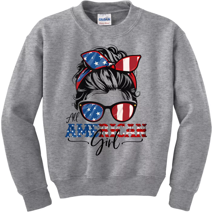 All American Girl 4th Of July Women Messy Bun USA Flag Kids Sweatshirt