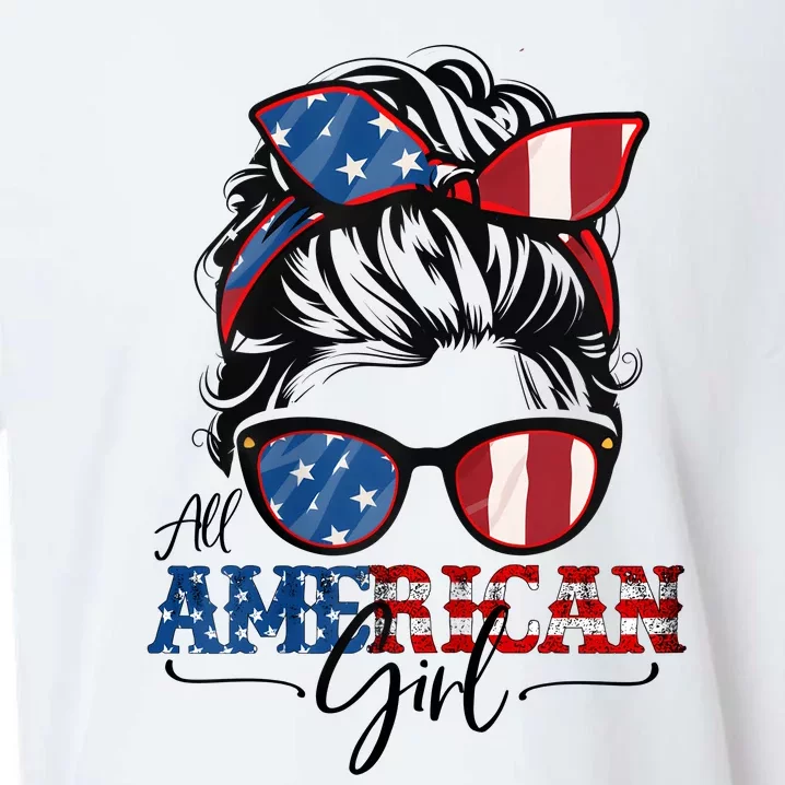 All American Girl 4th Of July Women Messy Bun USA Flag Sueded Cloud Jersey T-Shirt