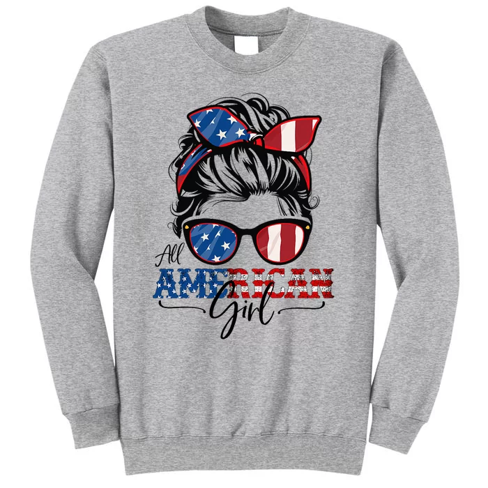 All American Girl 4th Of July Women Messy Bun Usa Flag Tall Sweatshirt