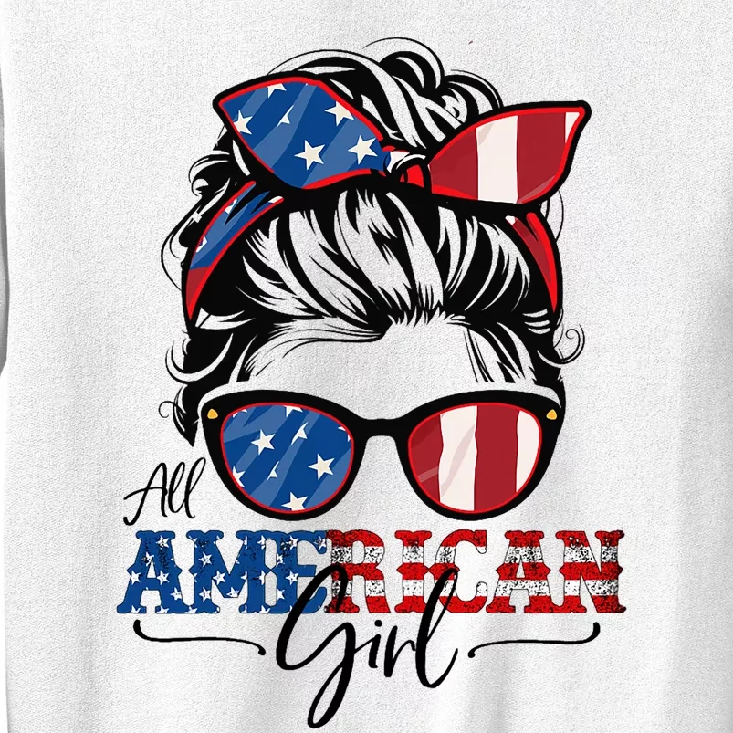 All American Girl 4th Of July Women Messy Bun Usa Flag Sweatshirt