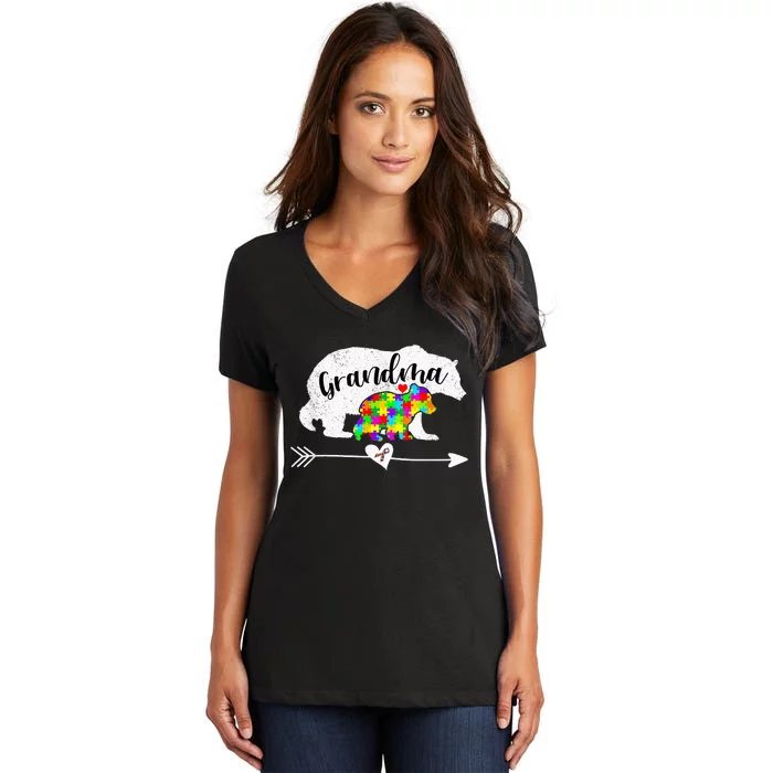 Autism Awareness Grandma Bear Support Autistic Adults Women's V-Neck T-Shirt