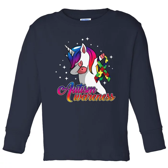 Autism Awareness Gift Cute Dabbing Unicorn Ribbon Toddler Long Sleeve Shirt