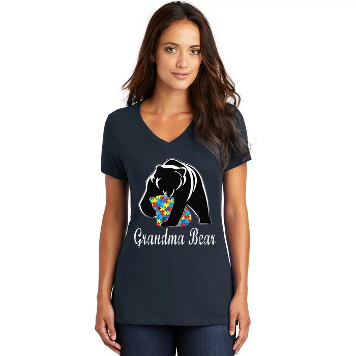 Autism Awareness Grandma Bear Support Autistic Adults Women's V-Neck T-Shirt