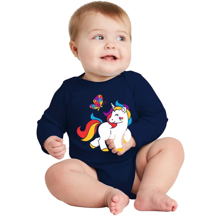 Autism Awareness Gift Unicorn Butterfly Autism Puzzle Baby Long Sleeve Bodysuit