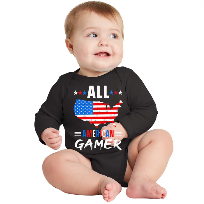 All American Gamer Fourth Of July Usa Map Us Flag Patriotic Baby Long Sleeve Bodysuit