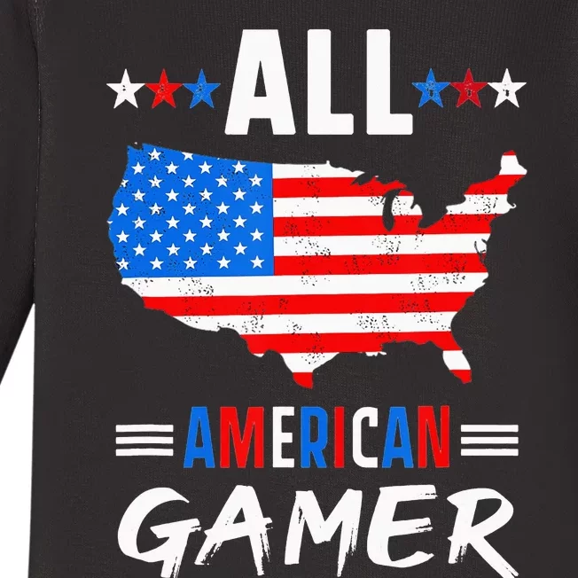 All American Gamer Fourth Of July Usa Map Us Flag Patriotic Baby Long Sleeve Bodysuit