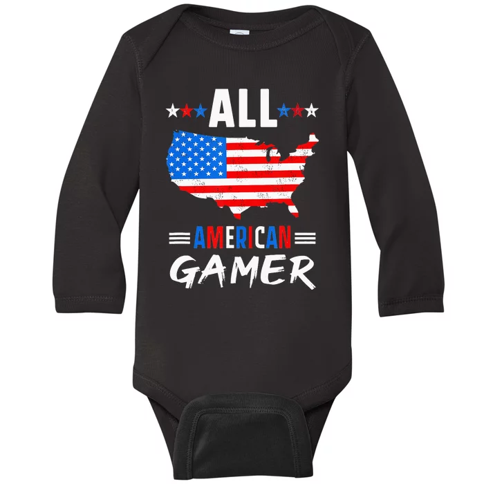 All American Gamer Fourth Of July Usa Map Us Flag Patriotic Baby Long Sleeve Bodysuit