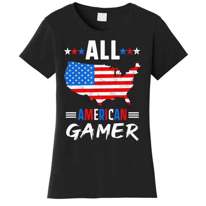 All American Gamer Fourth Of July Usa Map Us Flag Patriotic Women's T-Shirt