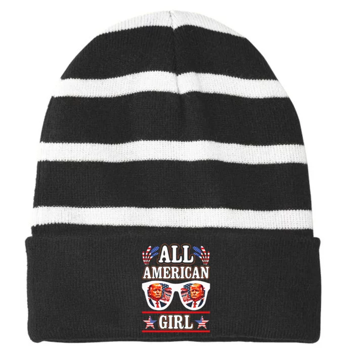 All American Girl Retro Love Heart Trump Usa American Flag Striped Beanie with Solid Band