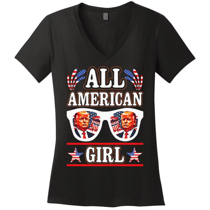 All American Girl Retro Love Heart Trump Usa American Flag Women's V-Neck T-Shirt