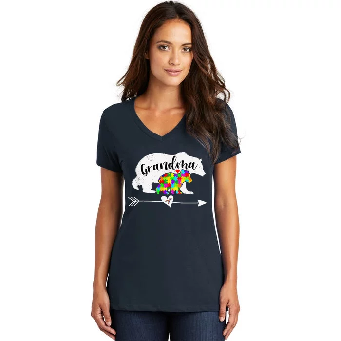 Autism Awareness Grandma Bear Support Autistic Women Women's V-Neck T-Shirt