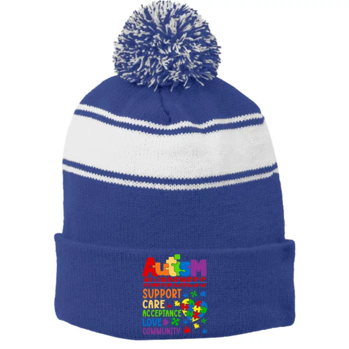 Autism Awareness Gift Support Care Acceptance Ally Gift Stripe Pom Pom Beanie