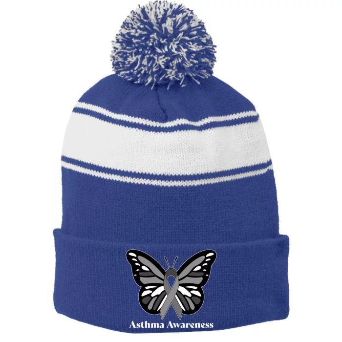 Asthma Awareness Gray Ribbon Butterfly Stripe Pom Pom Beanie