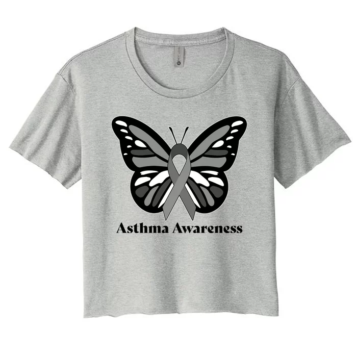 Asthma Awareness Gray Ribbon Butterfly Women's Crop Top Tee