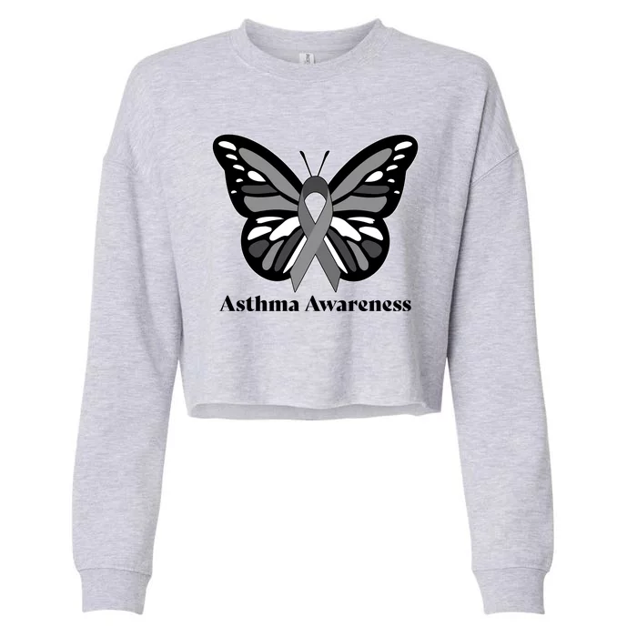 Asthma Awareness Gray Ribbon Butterfly Cropped Pullover Crew