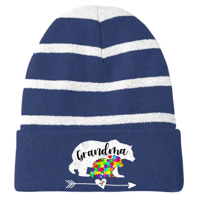 Autism Awareness Grandma Bear Support Autistic Adults Wo Striped Beanie with Solid Band