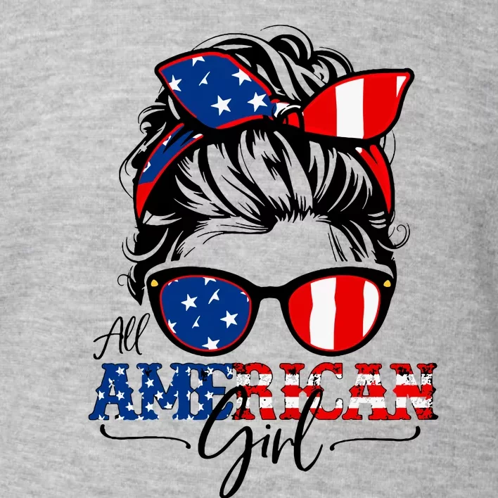 All American Girl 4th Of July Women Messy Bun Usa Flag Toddler Sweatshirt