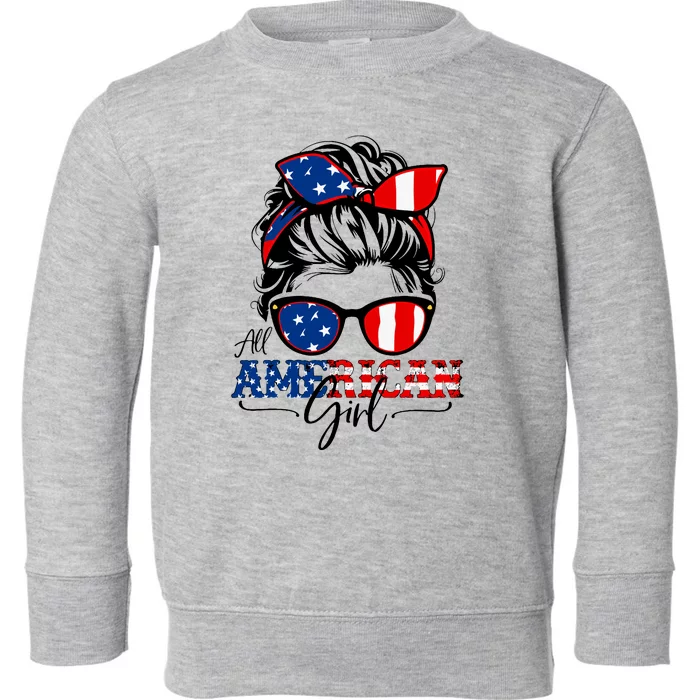 All American Girl 4th Of July Women Messy Bun Usa Flag Toddler Sweatshirt