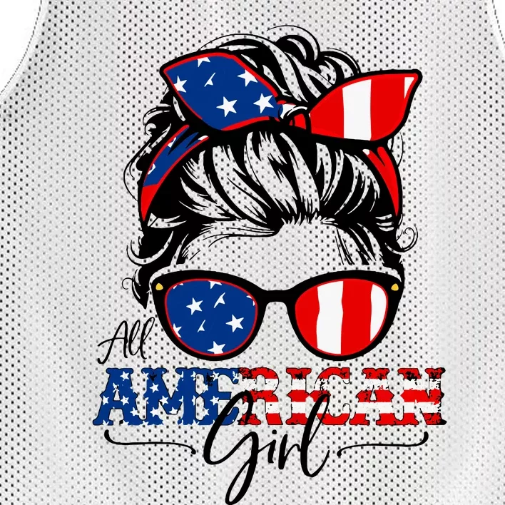 All American Girl 4th Of July Women Messy Bun Usa Flag Mesh Reversible Basketball Jersey Tank