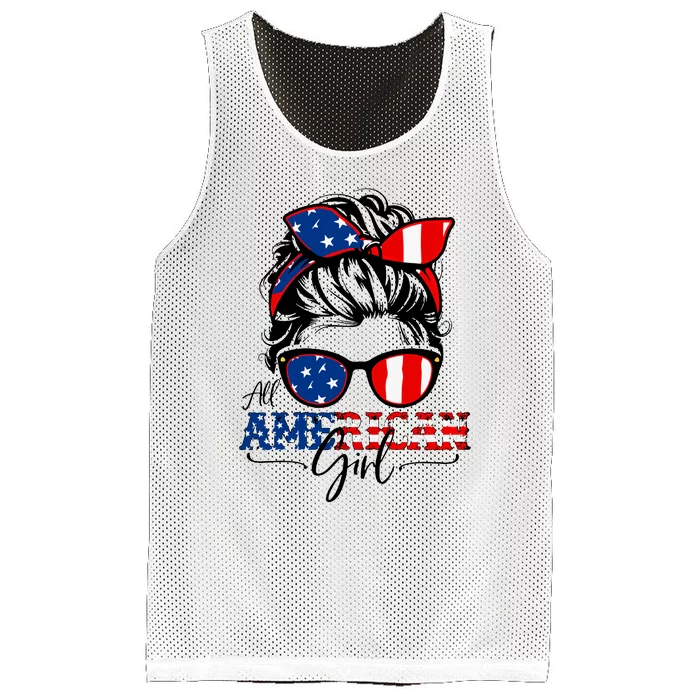 All American Girl 4th Of July Women Messy Bun Usa Flag Mesh Reversible Basketball Jersey Tank