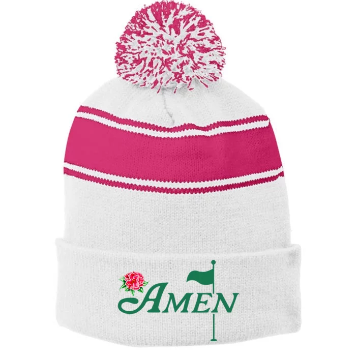 Amen Azalea Golf Masters Floral Golfing Enthusiast Stripe Pom Pom Beanie