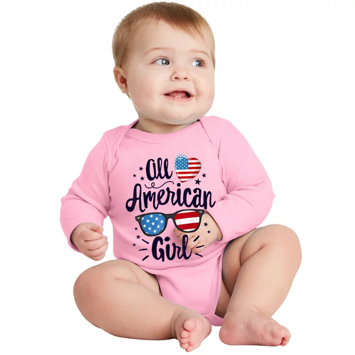 All American Girl Women American Flag 4th Of July Patriotic Baby Long Sleeve Bodysuit